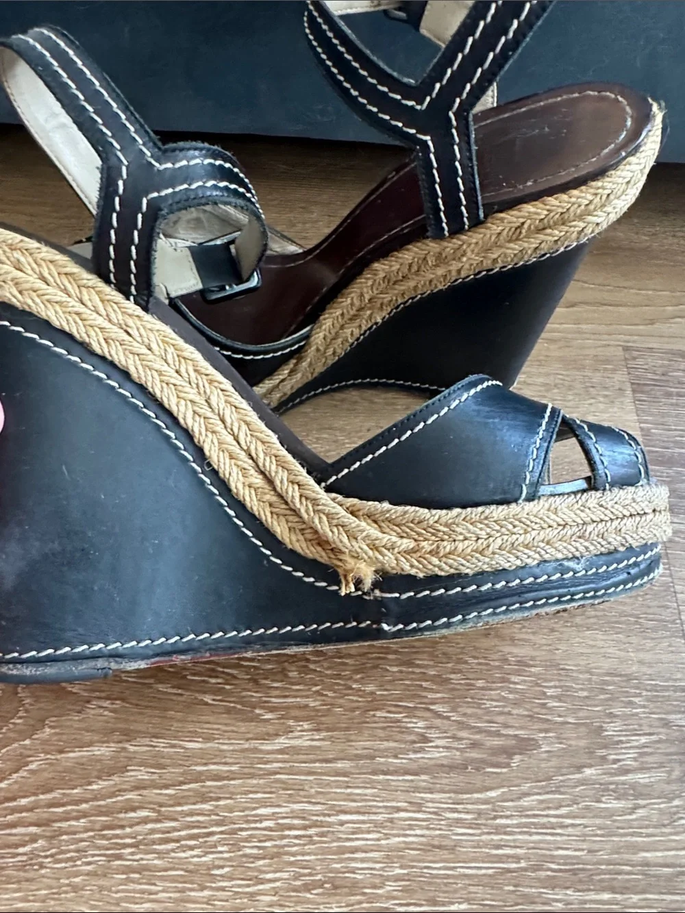 Christian Louboutin Black Leather Wedge Sandals with Espadrille Platform